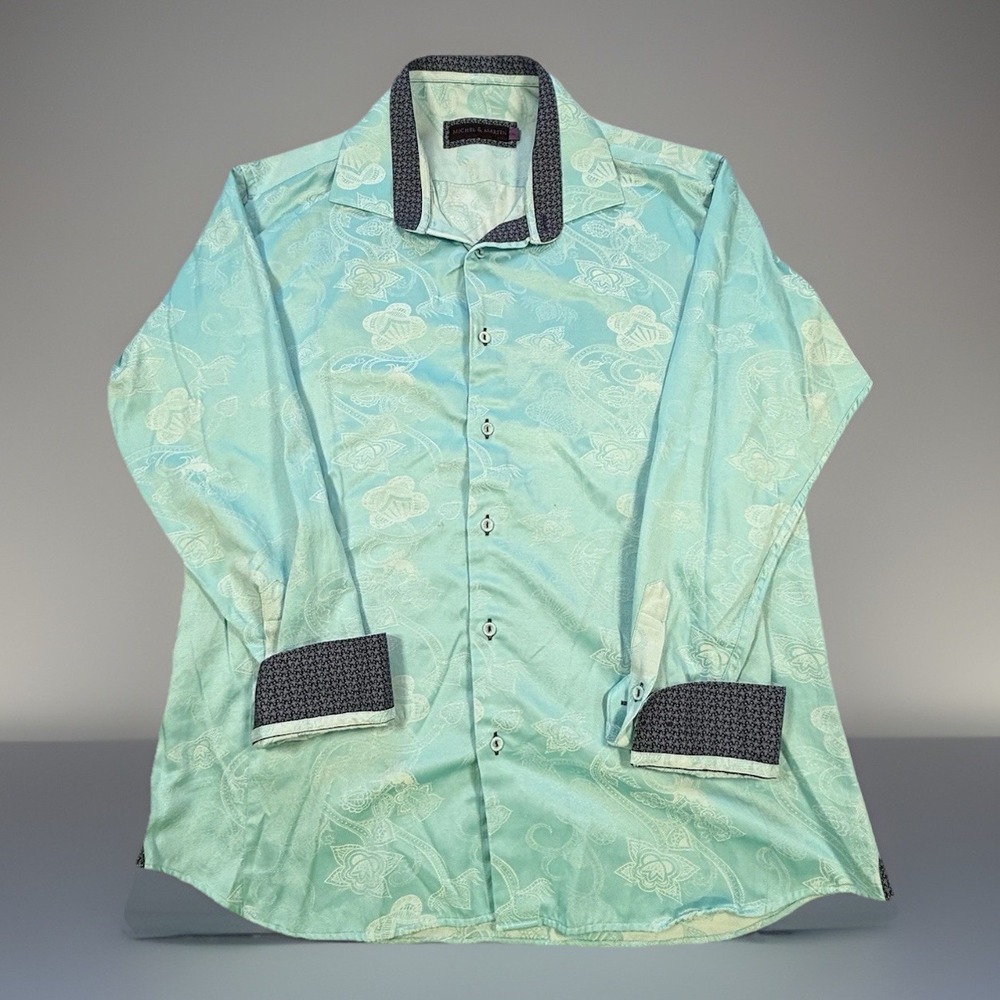 MICHEL & MARTIN Mens Size XXL Long Sleeved Button Up Aqua Paisley Print